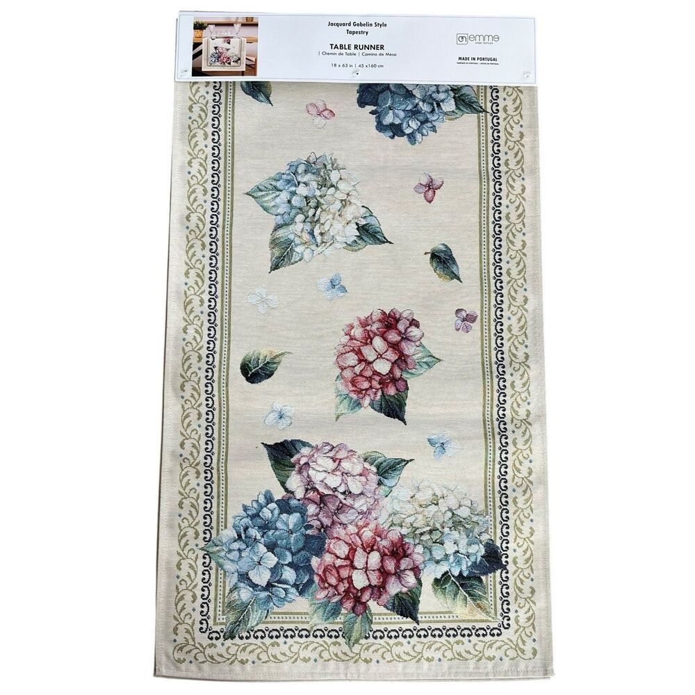 EMME Jacquard Gobelin Tapestry Table Runner 18x63 in Floral Hydrangea Cottage